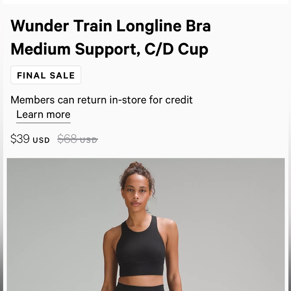 Lululemon Wundertrain longline bra size 4